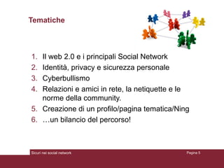 Tematiche Il web 2.0 e i principali Social Network Identità, privacy e sicurezza personale Cyberbullismo Relazioni e amici in rete, la netiquette e le norme della community.  Creazione di un profilo/pagina tematica/Ning … un bilancio del percorso! Sicuri nei social network Pagina  