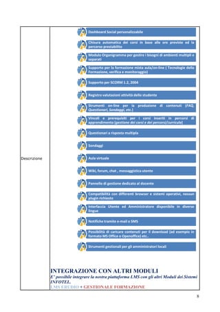 8 
Descrizione 
INTEGRAZIONE CON ALTRI MODULI E’ possibile integrare la nostra piattaforma LMS con gli altri Moduli dei Sistemi INFOTEL. LMS ERUDIO + GESTIONALE FORMAZIONE 
DashboardSocialpersonalizzabile 
Chisuraautomaticadeicorsiinbasealleoreprevisteedlapercorsoprestabilito 
ModuloOrganigrammapergestireibisognidiambientimultiplieseparati 
Supportoperlaformazionemistaaula/on-line(TecnologiedellaFormazione,verificaemonitoraggio) 
SupportoperSCORM1.2,2004 
Registrovalutazioniattivitàdellostudente 
Strumention-lineperlaproduzionedicontenuti(FAQ, Questionari,Sondaggi,etc.) 
Vincolieprerequisitipericorsiinseritiinpercorsidiapprendimento(gestionedeicorsiedeipercorsi/curricula) 
Questionariarispostamultipla 
Sondaggi 
Aulavirtuale 
Wiki,forum,chat,messaggisticautente 
Pannellodigestionededicatoaldocente 
Compatibilitàcondifferentibrowseresistemioperativi,nessunpluginrichiesto 
InterfacciaUtenteedAmministratoredisponibileindiverselingue 
Notifichetramitee-mailoSMS 
Possibilitàdicaricarecontenutiperildownload(adesempioinformatoMSOfficeoOpenoffice)etc.. 
Strumentigestionalipergliamministratorilocali  