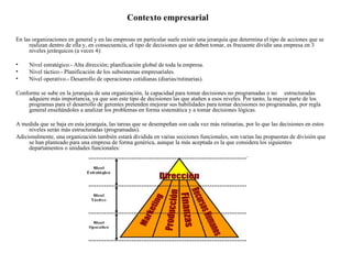 Contexto empresarial

En las organizaciones en general y en las empresas en particular suele existir una jerarquía que determina el tipo de acciones que se
     realizan dentro de ella y, en consecuencia, el tipo de decisiones que se deben tomar, es frecuente dividir una empresa en 3
     niveles jerárquicos (a veces 4):

•    Nivel estratégico.- Alta dirección; planificación global de toda la empresa.
•    Nivel táctico.- Planificación de los subsistemas empresariales.
•    Nivel operativo.- Desarrollo de operaciones cotidianas (diarias/rutinarias).

Conforme se sube en la jerarquía de una organización, la capacidad para tomar decisiones no programadas o no estructuradas
     adquiere más importancia, ya que son este tipo de decisiones las que atañen a esos niveles. Por tanto, la mayor parte de los
     programas para el desarrollo de gerentes pretenden mejorar sus habilidades para tomar decisiones no programadas, por regla
     general enseñándoles a analizar los problemas en forma sistemática y a tomar decisiones lógicas.

A medida que se baja en esta jerarquía, las tareas que se desempeñan son cada vez más rutinarias, por lo que las decisiones en estos
     niveles serán más estructuradas (programadas).
Adicionalmente, una organización también estará dividida en varias secciones funcionales, son varias las propuestas de división que
     se han planteado para una empresa de forma genérica, aunque la más aceptada es la que considera los siguientes
     departamentos o unidades funcionales:
 