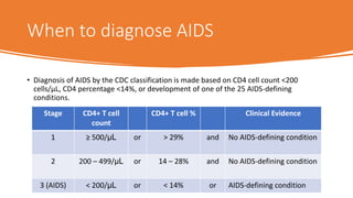 When to diagnose AIDS
• Diagnosis of AIDS by the CDC classification is made based on CD4 cell count <200
cells/µL, CD4 percentage <14%, or development of one of the 25 AIDS-defining
conditions.
Stage CD4+ T cell
count
CD4+ T cell % Clinical Evidence
1 ≥ 500/µL or > 29% and No AIDS-defining condition
2 200 – 499/µL or 14 – 28% and No AIDS-defining condition
3 (AIDS) < 200/µL or < 14% or AIDS-defining condition
 