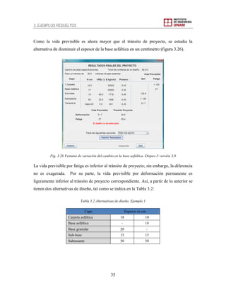 3. EJEMPLOS RESUELTOS
35
Como la vida previsible es ahora mayor que el tránsito de proyecto, se estudia la
alternativa de disminuir el espesor de la base asfáltica en un centímetro (figura 3.26).
Fig. 3.26 Ventana de variación del cambio en la base asfáltica. Dispav-5 versión 3.0
La vida previsible por fatiga es inferior al tránsito de proyecto; sin embargo, la diferencia
no es exagerada. Por su parte, la vida previsible por deformación permanente es
ligeramente inferior al tránsito de proyecto correspondiente. Así, a partir de lo anterior se
tienen dos alternativas de diseño, tal como se indica en la Tabla 3.2:
Tabla 3.2 Alternativas de diseño. Ejemplo 1
Capa Espesor en cm
Carpeta asfáltica 18 10
Base asfáltica - 18
Base granular 20 -
Sub-base 15 15
Subrasante 50 50
 