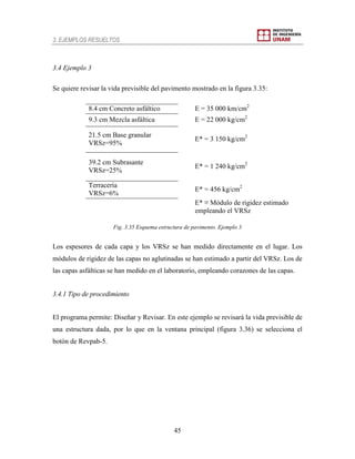 3. EJEMPLOS RESUELTOS
45
3.4 Ejemplo 3
Se quiere revisar la vida previsible del pavimento mostrado en la figura 3.35:
8.4 cm Concreto asfáltico E = 35 000 km/cm2
9.3 cm Mezcla asfáltica E = 22 000 kg/cm2
21.5 cm Base granular
VRSz=95%
E* = 3 150 kg/cm2
39.2 cm Subrasante
VRSz=25%
E* = 1 240 kg/cm2
Terracería
VRSz=6%
E* = 456 kg/cm2
E* ≡ Módulo de rigidez estimado
empleando el VRSz
Fig. 3.35 Esquema estructura de pavimento. Ejemplo 3
Los espesores de cada capa y los VRSz se han medido directamente en el lugar. Los
módulos de rigidez de las capas no aglutinadas se han estimado a partir del VRSz. Los de
las capas asfálticas se han medido en el laboratorio, empleando corazones de las capas.
3.4.1 Tipo de procedimiento
El programa permite: Diseñar y Revisar. En este ejemplo se revisará la vida previsible de
una estructura dada, por lo que en la ventana principal (figura 3.36) se selecciona el
botón de Revpab-5.
 