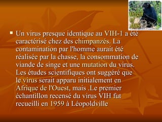 Un virus presque identique au  VIH -1 a été caractérisé chez des  chimpanzés . La contamination par l'homme aurait été réalisée par la chasse, la consommation de viande de singe et une  mutation  du virus. Les études scientifiques ont suggéré que le  virus  serait apparu initialement en  Afrique de l'Ouest , mais .Le premier échantillon recensé du virus VIH fut recueilli en  1959  à Léopoldville  