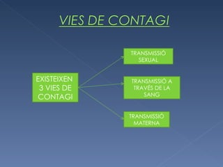 EXISTEIXEN  3 VIES DE CONTAGI TRANSMISSIÓ SEXUAL TRANSMISSIÓ A TRAVÉS DE LA SANG TRANSMISSIÓ MATERNA 