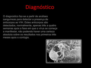 Diagnóstico
O diagnóstico faz-se a partir de análises
sanguíneas para detectar a presença de
anticorpos ao VIH. Estes anticorpos são
detectados, normalmente, apenas três a quatro
semanas após a fase em que o vírus se começa
a manifestar, não podendo haver uma certeza
absoluta sobre os resultados nos primeiros três
meses após o contágio.
 