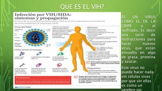 QUE ES EL VIH? 
• ES UN VIRUS 
COMO EL DE LA 
GRIPE o el 
resfriado. Es decir 
una serie de 
instrucciones para 
hacer nuevos 
virus, que están 
envuelto en algo 
de grasa, proteína 
y azúcar. 
• Este virus no 
puede hacer nada 
sin células vivas 
por que sin ellas 
es como un 
cerebro sin 
 