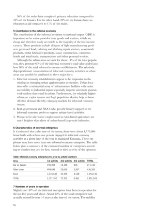 56 
56% of the males have completed primary education compared to 
43% of the females. On the other hand, 32% of the females have no 
education at all compared to 17% of the males. 
5 Contribution to the national economy 
The contribution of the informal economy to national output (GDP) is 
important as the sector provides basic goods and services, which are 
cheap and therefore easily accessible to the majority of the low-income 
earners. These products include all types of light manufacturing prod-ucts, 
processed food, tailoring and clothing repair services, wood-work 
products, metal fabricated products, house construction, commerce, 
hotels and retail trade, transportation and other personal services. 
Although the urban areas account for about 11% of the total popula-tion, 
they generate 60% of the informal economy’s total value added and 
host 36% of the total informal economy establishments. The relatively 
disproportionate concentration of informal economy activities in urban 
areas can possibly be attributed to three major facts. 
1. Informal economy establishments appear to be responsive to the 
existing or emerging urban agglomeration economies. Urban loca-tions 
offer a substantial array of infrastructure facilities with easier 
accessibility to industrial inputs (especially imports) and more guaran-teed 
markets than rural locations. Furthermore, the relatively higher 
urban per capita income and high population density help to boost 
effective demand thereby enlarging markets for informal economy 
output. 
2. Both government and NGOs who provide limited support to the 
informal economy prefer to support urban-based activities. 
3. Prospects for alternative employment in rural-based agriculture are 
much brighter than those of urban-based large-scale industries. 
6 Characteristics of informal enterprises 
It is estimated that a the time of the survey, there were about 1,570,000 
households with at least one person engaged in informal economy 
activities at a given time of the year in mainland Tanzania. These em-ployers 
may have more than one informal economy enterprise. The table 
below gives a summary of the estimated number of enterprises accord-ing 
to whether they are the first, second or third activity of the operator. 
Table: Informal economy enterprises by area by activity numbers 
Area 1st activity 2nd activity 3rd activity TOTAL 
Dar es Salaam 195,968 14,338 836 211,142 
Other Urban 408,649 25,659 1,957 436,265 
Rural 1,116,643 33,325 4,168 1,154,136 
TOTAL 1,721,260 73,322 6,961 1,801,543 
7 Numbers of years in operation 
Slightly over 40% of the informal enterprises have been in operation for 
the last five years and above. About 22% of the total enterprises had 
actually existed for over 10 years at the time of the survey. The stability 
 