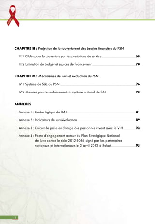 6
CHAPITRE III : Projection de la couverture et des besoins financiers du PSN
III.1 Cibles pour la couverture par les prestations de service.........................................................................................68
III.2 Estimation du budget et sources de financement...................................................................................................................70
CHAPITRE IV : Mécanismes de suivi et évaluation du PSN
IV.1 Système de S&E du PSN..................................................................................................................................................................................................... 76
IV.2 Mesures pour le renforcement du système national de S&E............................................................................78
ANNEXES
Annexe 1 : Cadre logique du PSN.................................................................................................................................................................................. 81
Annexe 2 : Indicateurs de suivi évaluation........................................................................................................................................................89
Annexe 3 : Circuit de prise en charge des personnes vivant avec le VIH.................................93
Annexe 4 : Pacte d’engagement autour du Plan Stratégique National
de lutte contre le sida 2012-2016 signé par les partenaires
nationaux et internationaux le 3 avril 2012 à Rabat................................................................95
 