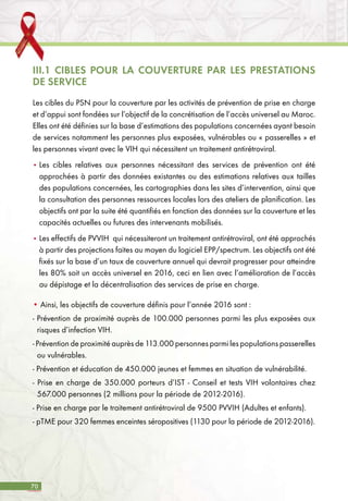 70
III.1 CIBLES POUR LA COUVERTURE PAR LES PRESTATIONS
DE SERVICE
Les cibles du PSN pour la couverture par les activités de prévention de prise en charge
et d’appui sont fondées sur l’objectif de la concrétisation de l’accès universel au Maroc.
Elles ont été définies sur la base d’estimations des populations concernées ayant besoin
de services notamment les personnes plus exposées, vulnérables ou « passerelles » et
les personnes vivant avec le VIH qui nécessitent un traitement antirétroviral.
•	Les cibles relatives aux personnes nécessitant des services de prévention ont été
approchées à partir des données existantes ou des estimations relatives aux tailles
des populations concernées, les cartographies dans les sites d’intervention, ainsi que
la consultation des personnes ressources locales lors des ateliers de planification. Les
objectifs ont par la suite été quantifiés en fonction des données sur la couverture et les
capacités actuelles ou futures des intervenants mobilisés.
• Les effectifs de PVVIH qui nécessiteront un traitement antirétroviral, ont été approchés
à partir des projections faites au moyen du logiciel EPP/spectrum. Les objectifs ont été
fixés sur la base d’un taux de couverture annuel qui devrait progresser pour atteindre
les 80% soit un accès universel en 2016, ceci en lien avec l’amélioration de l’accès
au dépistage et la décentralisation des services de prise en charge.
• Ainsi, les objectifs de couverture définis pour l’année 2016 sont :
- Prévention de proximité auprès de 100.000 personnes parmi les plus exposées aux
risques d’infection VIH.
- Prévention de proximité auprès de 113.000 personnes parmi les populations passerelles
ou vulnérables.
- Prévention et éducation de 450.000 jeunes et femmes en situation de vulnérabilité.
- Prise en charge de 350.000 porteurs d’IST - Conseil et tests VIH volontaires chez
567.000 personnes (2 millions pour la période de 2012-2016).
- Prise en charge par le traitement antirétroviral de 9500 PVVIH (Adultes et enfants).
- pTME pour 320 femmes enceintes séropositives (1130 pour la période de 2012-2016).
 