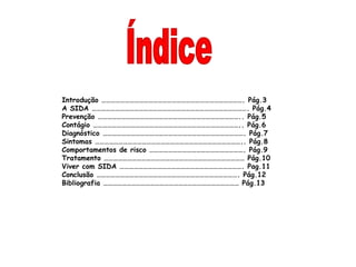 Introdução ………………………………………………………………………………. Pág.3
A SIDA ………………………………………………………………………………………. Pág.4
Prevenção ……………………………………………………………………………….. Pág.5
Contágio ………………………………………………………………………………….. Pág.6
Diagnóstico ………………………………………………………………………………. Pág.7
Sintomas ………………………………………………………………………………….. Pág.8
Comportamentos de risco ……………………………………………………. Pág.9
Tratamento ……………………………………………………………………………… Pág.10
Viver com SIDA ……………………………………………………………………. Pag.11
Conclusão ………………………………………………………………………………. Pág.12
Bibliografia …………………………………………………………………………… Pág.13
 