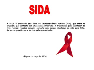 A SIDA é provocada pelo Vírus da Imunodeficiência Humana (VIH), que entra no
organismo por contacto com uma pessoa infectada. A transmissão pode acontecer de
três formas: relações sexuais; contacto com sangue infectado; de mãe para filho,
durante a gravidez ou o parto e pela amamentação.




                 (Figura 1 – Laço da SIDA)
 