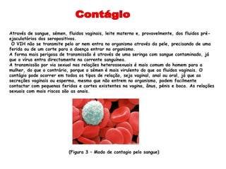Através de sangue, sémen, fluidos vaginais, leite materno e, provavelmente, dos fluidos pré-
ejaculatórios dos seropositivos.
 O VIH não se transmite pelo ar nem entra no organismo através da pele, precisando de uma
ferida ou de um corte para a doença entrar no organismo.
A forma mais perigosa de transmissão é através de uma seringa com sangue contaminado, já
que o vírus entra directamente na corrente sanguínea.
A transmissão por via sexual nas relações heterossexuais é mais comum do homem para a
mulher, do que o contrário, porque o sémen é mais virulento do que os fluidos vaginais. O
contágio pode ocorrer em todos os tipos de relação, seja vaginal, anal ou oral, já que as
secreções vaginais ou esperma, mesmo que não entrem no organismo, podem facilmente
contactar com pequenas feridas e cortes existentes na vagina, ânus, pénis e boca. As relações
sexuais com mais riscos são as anais.




                           (Figura 3 – Modo de contagio pelo sangue)
 