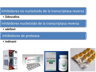Inhibidores no nucleósido de la transcriptasa reversa
• Zidovudina
Inhibidores nucleósido de la transcriptasa reversa
• adefovir
Inhibidores de proteasa
• Indinavir
 