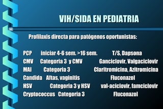 VIH/SIDA EN PEDIATRIAVIH/SIDA EN PEDIATRIA
Profilaxis directa para patógenos oportunistas:Profilaxis directa para patógenos oportunistas:
PCP iniciar 4-6 sem. >16 sem. T/S, DapsonaPCP iniciar 4-6 sem. >16 sem. T/S, Dapsona
CMV Categoria 3 y CMV Ganciclovir, ValgaciclovirCMV Categoria 3 y CMV Ganciclovir, Valgaciclovir
MAI Categoria 3 Claritromicina, AzitromicinaMAI Categoria 3 Claritromicina, Azitromicina
Candida Aftas, vaginitis FluconazolCandida Aftas, vaginitis Fluconazol
HSV Categoria 3 y HSV val-aciclovir, famciclovirHSV Categoria 3 y HSV val-aciclovir, famciclovir
Cryptococcus Categoria 3 FluconazolCryptococcus Categoria 3 Fluconazol
 