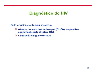 Diagnóstico do HIV Feito principalmente pela sorologia Através do teste dos anticorpos (ELISA); se positivo, confirmação pelo Western Blot Cultura do sangue e tecidos 
