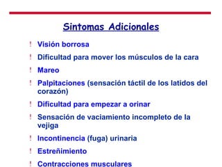 Sintomas Adicionales Visión borrosa   Dificultad para mover los músculos de la cara  Mareo   Palpitaciones  (sensación táctil de los latidos del corazón)  Dificultad para empezar a orinar   Sensación de vaciamiento incompleto de la vejiga  Incontinencia  (fuga) urinaria  Estreñimiento   Contracciones musculares   