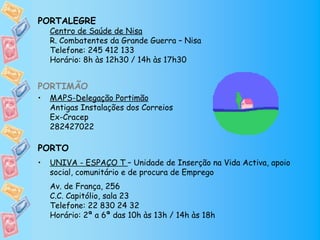PORTALEGRE
    Centro de Saúde de Nisa
    R. Combatentes da Grande Guerra – Nisa
    Telefone: 245 412 133
    Horário: 8h às 12h30 / 14h às 17h30


PORTIMÃO
•   MAPS-Delegação Portimão
    Antigas Instalações dos Correios
    Ex-Cracep
    282427022 

PORTO
•   UNIVA - ESPAÇO T – Unidade de Inserção na Vida Activa, apoio
    social, comunitário e de procura de Emprego
    Av. de França, 256
    C.C. Capitólio, sala 23
    Telefone: 22 830 24 32
    Horário: 2ª a 6ª das 10h às 13h / 14h às 18h
 