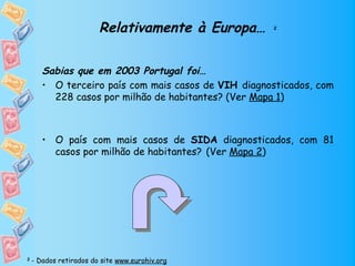Relativamente à Europa…      2




       Sabias que em 2003 Portugal foi…
       • O terceiro país com mais casos de VIH diagnosticados, com
         228 casos por milhão de habitantes? (Ver Mapa 1)



       • O país com mais casos de SIDA diagnosticados, com 81
         casos por milhão de habitantes? (Ver Mapa 2)




2
    - Dados retirados do site www.eurohiv.org
 