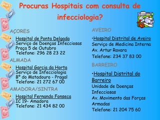 Procuras Hospitais com consulta de
infecciologia?
AÇORES
• Hospital de Ponta Delgada
Serviço de Doenças Infecciosas
Praça 5 de Outubro
Telefone: 296 28 23 22
ALMADA
• Hospital Garcia da Horta
Serviço de Infecciologia
Bº do Matadouro - Pragal
Telefone: 21 272 67 00
AMADORA/SINTRA
• Hospital Fernando Fonseca
IC 19- Amadora
Telefone: 21 434 82 00
AVEIRO
•Hospital Distrital de Aveiro
Serviço de Medicina Interna
Av. Artur Ravara
Telefone: 234 37 83 00
BARREIRO
•Hospital Distrital do
Barreiro
Unidade de Doenças
Infecciosas
Av. Movimento das Forças
Armadas
Telefone: 21 204 75 60
 