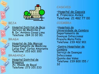 BEJA
• Hospital Distrital de Beja
Serviço de Medicina 2
R. Dr. António Covas Lima
Telefone: 284 31 02 00.
BRAGA
• Hospital de São Marcos
Departamento de Medicina
Largo Engº Carlos Amarante
Telefone: 253 601 300
BRAGANÇA
• Hospital Distrital de
Bragança
Av. Abade de Baçal
Telefone: 273 331 233
CASCAIS
•Hospital de Cascais
R. Francisco Avilez
Telefone: 21 482 77 00
COIMBRA
•Hospitais da
Universidade de Coimbra
Departamento de
Doenças Infecciosas
Praceta Mota Pinto
Telefone: 239 402 901
•Centro Hospitalar de
Coimbra
Serviço de Doenças
Infecciosas
Quinta dos Vales
Telefone: 239 800 155 /
32
 