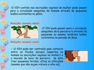 -O VIH contido nas secreções vaginais da mulher pode passar
para a circulação sanguínea do homem através de pequenas
lesões existentes no pénis.
Relações sexuais anais:
Relações sexuais orais:
- O VIH pode ser contraído pelo contacto
entre os fluidos sexuais (esperma no
homem ou secreções vaginais na mulher) e
a mucosa da boca do parceiro, se esta
tiver pequenas feridas, aftas ou infecções
(mesmo que não sejam visíveis a olho nu).
-O VIH pode passar para a circulação
sanguínea do/a parceiro/a através de
pequenas ou mesmo invisíveis lesões
existentes na parede do ânus.
 
