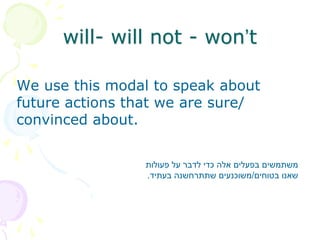 will- will not - won’t
We use this modal to speak about
future actions that we are sure/
convinced about.
‫פעולות‬ ‫על‬ ‫לדבר‬ ‫כדי‬ ‫אלה‬ ‫בפעלים‬ ‫משתמשים‬
‫בטוחים‬ ‫שאנו‬
/
‫בעתיד‬ ‫שתתרחשנה‬ ‫משוכנעים‬
.
 