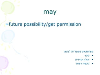 may
=future possibility/get permission
‫לבטא‬ ‫זה‬ ‫בפועל‬ ‫משתמשים‬
:
•
‫סיכוי‬
•
‫עתידית‬ ‫יכולת‬
•
‫רשות‬ ‫בקשת‬
 