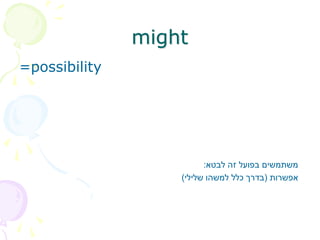 might
=possibility
‫לבטא‬ ‫זה‬ ‫בפועל‬ ‫משתמשים‬
:
‫אפשרות‬
(
‫שלילי‬ ‫למשהו‬ ‫כלל‬ ‫בדרך‬
)
 
