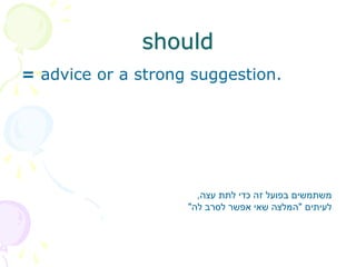 should
= advice or a strong suggestion.
‫עצה‬ ‫לתת‬ ‫כדי‬ ‫זה‬ ‫בפועל‬ ‫משתמשים‬
,
‫לעיתים‬
"
‫לה‬ ‫לסרב‬ ‫אפשר‬ ‫שאי‬ ‫המלצה‬
"
 