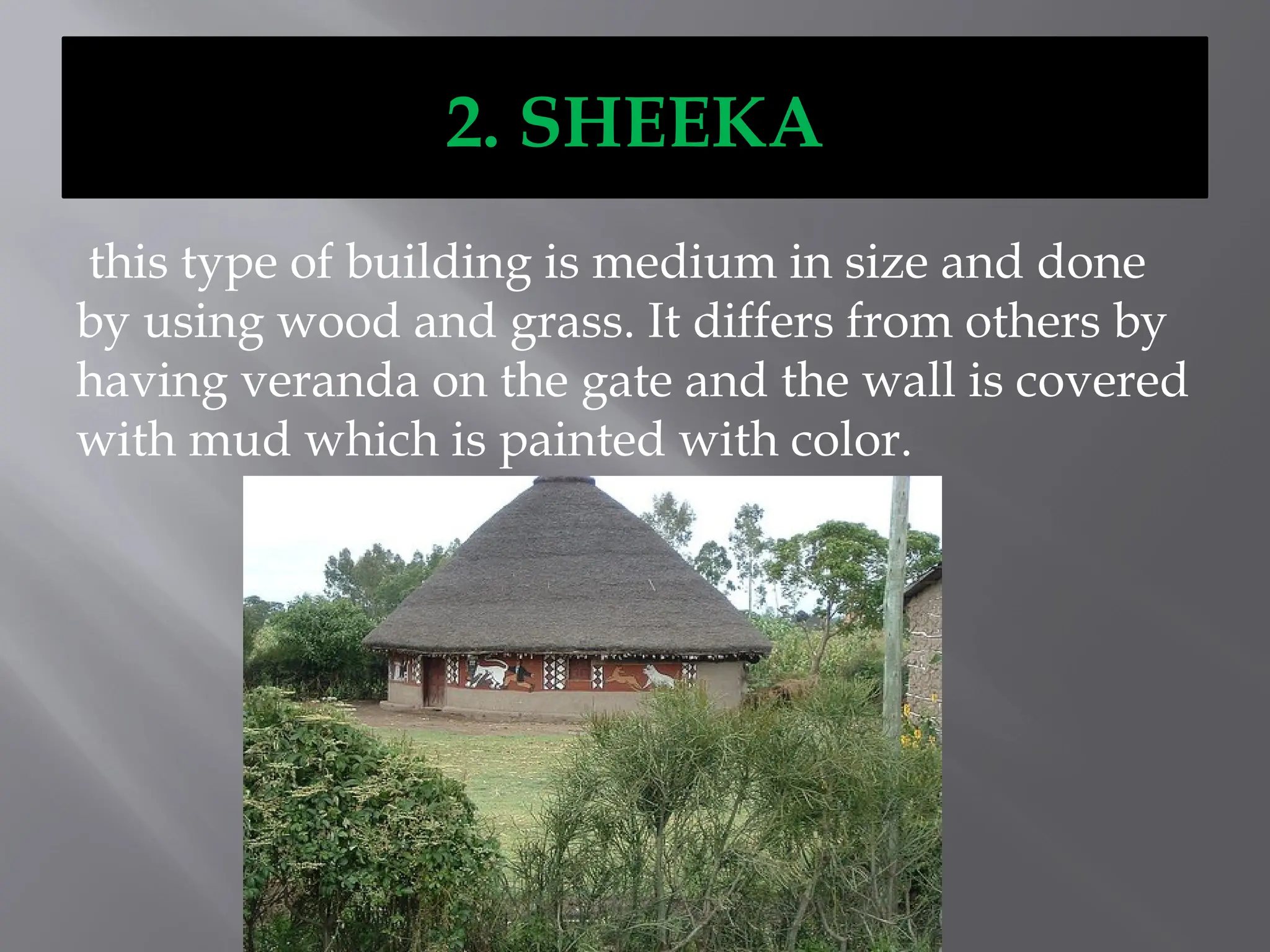 2. SHEEKA
this type of building is medium in size and done
by using wood and grass. It differs from others by
having veranda on the gate and the wall is covered
with mud which is painted with color.
 
