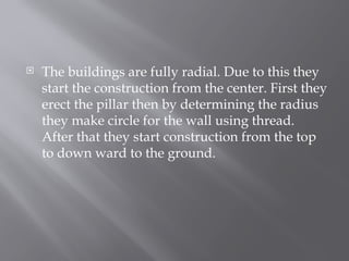  The buildings are fully radial. Due to this they
start the construction from the center. First they
erect the pillar then by determining the radius
they make circle for the wall using thread.
After that they start construction from the top
to down ward to the ground.
 
