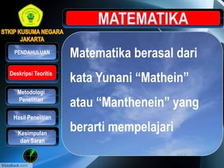 Matematika berasal dari
kata Yunani “Mathein”
atau “Manthenein” yang
berarti mempelajari
Metodologi
Penelitian
Hasil Penelitian
PENDAHULUAN
Kesimpulan
dan Saran
Deskripsi Teoritis
 