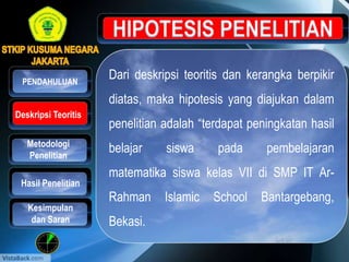 Dari deskripsi teoritis dan kerangka berpikir
diatas, maka hipotesis yang diajukan dalam
penelitian adalah “terdapat peningkatan hasil
belajar siswa pada pembelajaran
matematika siswa kelas VII di SMP IT Ar-
Rahman Islamic School Bantargebang,
Bekasi.
Metodologi
Penelitian
Hasil Penelitian
PENDAHULUAN
Kesimpulan
dan Saran
Deskripsi Teoritis
 