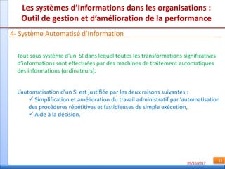 09/10/2017
11
Les systèmes d’Informations dans les organisations :
Outil de gestion et d’amélioration de la performance
4- Système Automatisé d’Information
Tout sous système d’un SI dans lequel toutes les transformations significatives
d’informations sont effectuées par des machines de traitement automatiques
des informations (ordinateurs).
L’automatisation d’un SI est justifiée par les deux raisons suivantes :
 Simplification et amélioration du travail administratif par ’automatisation
des procédures répétitives et fastidieuses de simple exécution,
 Aide à la décision.
 