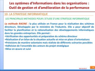 09/10/2017
30
Les systèmes d’Informations dans les organisations :
Outil de gestion et d’amélioration de la performance
10- LA STRATEGIE INFORMATIQUE
LES PRINCIPALES METHODES POUR L’ETUDE D’UNE STRATEGIE INFORMATIQUE
La méthode RACINE : la plus utilisée en France pour la réalisation des schémas
directeurs. Développée par le ministère de l'Industrie. Elle a pour objectif de
faciliter la planification et la rationalisation des développements informatiques
dans les grandes entreprises. Elle permet :
•Vérification des opportunités et préparation du schéma directeur
•Réalisation d'un bilan de la situation actuelle et mise en place d'orientations
•Prévisions de manière volontaire mais réaliste de différents scénarios possibles
•Adhésion de l'ensemble des acteurs du projet stratégique
•Mise en œuvre et suivi
 
