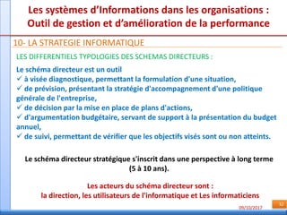 09/10/2017
32
Les systèmes d’Informations dans les organisations :
Outil de gestion et d’amélioration de la performance
10- LA STRATEGIE INFORMATIQUE
LES DIFFERENTIELS TYPOLOGIES DES SCHEMAS DIRECTEURS :
Le schéma directeur est un outil
 à visée diagnostique, permettant la formulation d'une situation,
 de prévision, présentant la stratégie d'accompagnement d'une politique
générale de l'entreprise,
 de décision par la mise en place de plans d'actions,
 d'argumentation budgétaire, servant de support à la présentation du budget
annuel,
 de suivi, permettant de vérifier que les objectifs visés sont ou non atteints.
Le schéma directeur stratégique s'inscrit dans une perspective à long terme
(5 à 10 ans).
Les acteurs du schéma directeur sont :
la direction, les utilisateurs de l'informatique et Les informaticiens
 