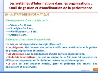09/10/2017
35
Les systèmes d’Informations dans les organisations :
Outil de gestion et d’amélioration de la performance
10- LA STRATEGIE INFORMATIQUE
Développement d’une stratégie des SI :
• « Vision » 5 - 10 ans,
• « Stratégie » 3 - 5 ans,
• « Planification » 1 - 3 ans,
• « Action » 1 ans.
Elaboration d’un schéma directeur idéal :
Les acteurs principaux d’une stratégie idéale sont :
• Les dirigeants : Qui donnent des ordres à la DSI pour la réalisation et la gestion
de projets, applications et services,
• Les utilisateurs : qui demandent à la DSI des services et applications,
• L’industrie informatique : qui est au service de la DSI pour lui présenter les
différentes clés permettant la résolution de tous les problèmes posés,
• La DSI : qui doit analyser, étudier, gérer et présenter des projets, des
applications et des services.
 