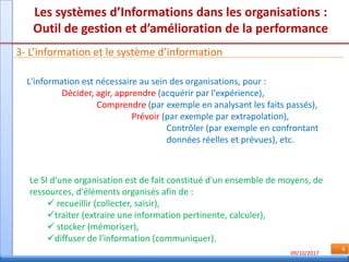 09/10/2017
6
Les systèmes d’Informations dans les organisations :
Outil de gestion et d’amélioration de la performance
3- L’information et le système d’information
L'information est nécessaire au sein des organisations, pour :
Décider, agir, apprendre (acquérir par l'expérience),
Comprendre (par exemple en analysant les faits passés),
Prévoir (par exemple par extrapolation),
Contrôler (par exemple en confrontant
données réelles et prévues), etc.
Le SI d'une organisation est de fait constitué d'un ensemble de moyens, de
ressources, d'éléments organisés afin de :
 recueillir (collecter, saisir),
traiter (extraire une information pertinente, calculer),
 stocker (mémoriser),
diffuser de l'information (communiquer).
 