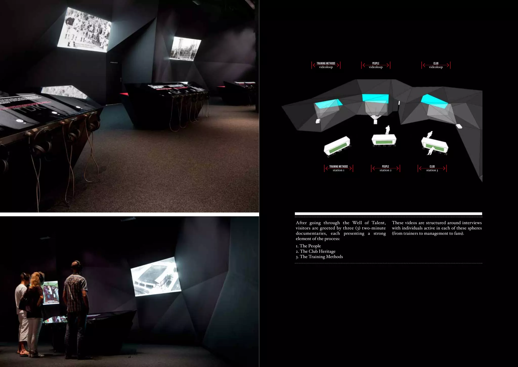 TRAINING mETHoDS                 PEoPLE                                 CLUB
                              videoloop                   videoloop                              videoloop




                                       TRAINING mETHoDS            PEoPLE                         CLUB
                                          station 1              station 2                     station 3




                  After going through the Well of Talent,                    These videos are structured around interviews
                  visitors are greeted by three (3) two-minute               with individuals active in each of these spheres
                  documentaries, each presenting a strong                    (from trainers to management to fans).
                  element of the process:
                  1. The People
                  2. The Club Heritage
                  3. The Training Methods




ajax experience                                                  ajax experience
    - 28 -                                                           - 29 -
 