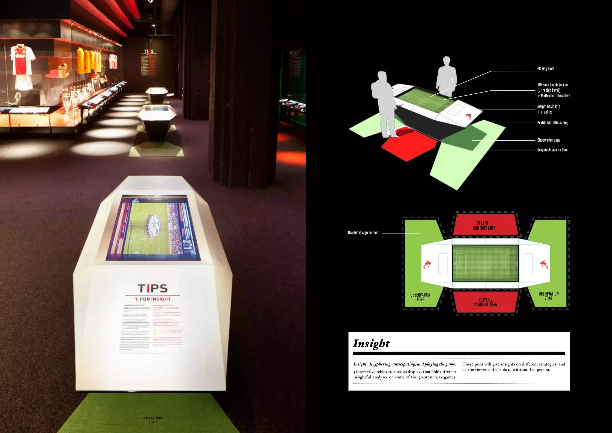 Playing field


                                                                                                                                  1066mm Touch Screen
                                                                                                                                  (Ultra thin bevel)
                                                                                                                                  + multi-user interactive

                                                                                                                                  Insight basic info
                                                                                                                                  + graphics

                                                                                                                                  Profile metallic casing


                                                                                                                                  observation zone
                                                                                                                                  Graphic design on floor




                                                                                                  PLAyER 1
                                                                                                ComfoRT AREA
                  Graphic design on floor




                                                       oBSERVATIoN                                                                 oBSERVATIoN
                                                          zoNE                                    PLAyER 2                            zoNE
                                                                                                ComfoRT AREA




                     Insight
                      Insight: decyphering, anticipating, and playing the game.         These pods will give insights on different strategies, and
                                                                                        can be viewed either solo or with another person.
                      3 interactive tables are used as displays that hold different
                      insightful analyses on some of the greatest Ajax games.




ajax experience                                                               ajax experience
    - 34 -                                                                        - 35 -
 