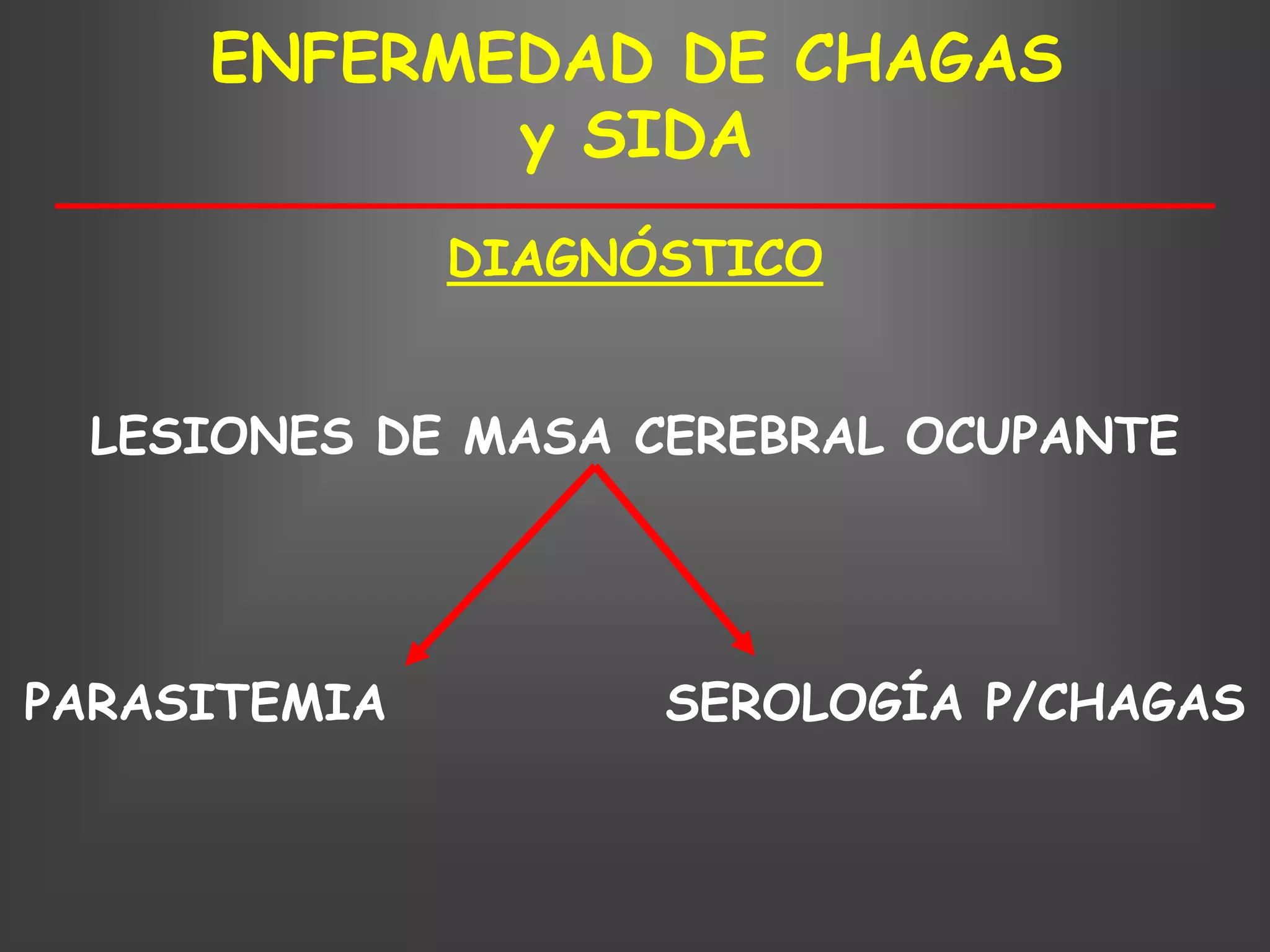 ENFERMEDAD DE CHAGAS
            y SIDA
              DIAGNÓSTICO


 LESIONES DE MASA CEREBRAL OCUPANTE




PARASITEMIA         SEROLOGÍA P/CHAGAS
 