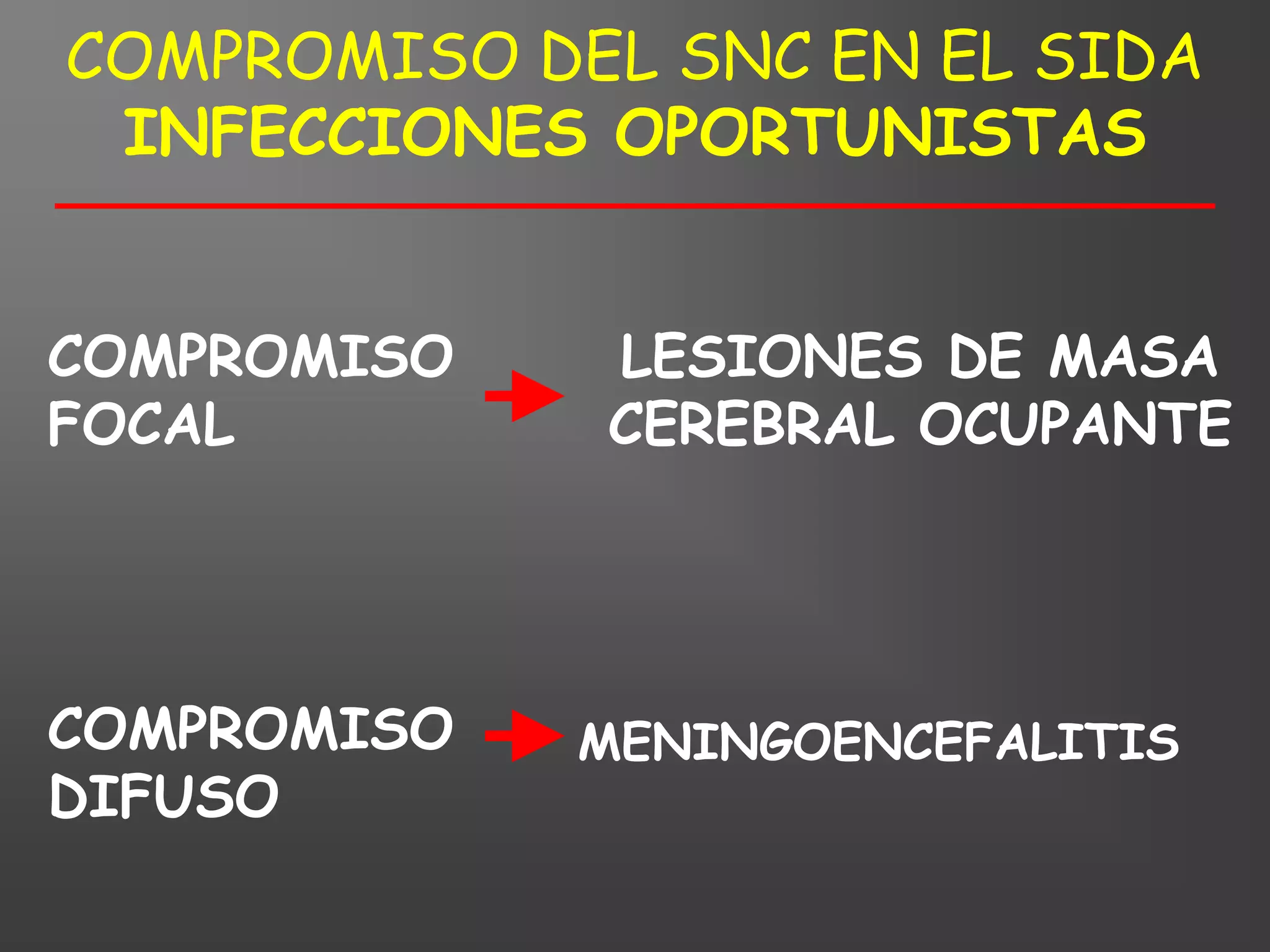 COMPROMISO DEL SNC EN EL SIDA
 INFECCIONES OPORTUNISTAS


COMPROMISO   LESIONES DE MASA
FOCAL        CEREBRAL OCUPANTE




COMPROMISO   MENINGOENCEFALITIS
DIFUSO
 