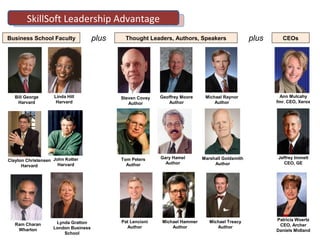 Bill George
Harvard
Ann Mulcahy
fmr. CEO, Xerox
Steven Covey
Author
John Kotter
Harvard
Tom Peters
Author
Linda Hill
Harvard
Marshall Goldsmith
Author
Gary Hamel
Author
Ram Charan
Wharton
Clayton Christensen
Harvard
Lynda Gratton
London Business
School
Jeffrey Immelt
CEO, GE
Patricia Woertz
CEO, Archer
Daniels Midland
Geoffrey Moore
Author
Michael Raynor
Author
Pat Lencioni
Author
Michael Hammer
Author
Michael Treacy
Author
Business School Faculty Thought Leaders, Authors, Speakers CEOsplus plus
SkillSoft Leadership Advantage
 