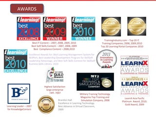 Learning Leader – 2007
for KnowledgeCenters
Best IT Content – 2007, 2008, 2009, 2010
Best Soft Skills Content – 2007, 2008, 2009
Best Compliance Content – 2008,2010
Highest Satisfaction
large enterprise
LMS, 2007 Military Training Technology
Magazine Top Training and
Simulation Company, 2008
TrainingIndustry.com – Top 20 IT
Training Companies, 2008, 2009,2010
Top 20 Learning Portal Companies 2010
LearnX Asia Pacific
Platinum Award, 2010;
Gold Award, 2009
Brandon Hall
Excellence in Learning Technology
Best Advance in Virtual Classroom,
2009
Excellence Awards for: Best Learning Management System for
SkillPort, Best Leadership Development Program for SkillSoft
Leadership Advantage, and Best Soft Skills Content for SkillSoft
Business Skills Library- 2010
IntroducAWARDS
 