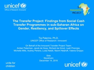 unite for
children
The Transfer Project: Findings from Social Cash
Transfer Programmes in sub-Saharan Africa on
Gender, Resiliency, and Spillover Effects
Tia Palermo, Ph.D.
UNICEF Office of Research—Innocenti
On Behalf of the Innocenti Transfer Project Team:
Amber Peterman, Jacob de Hoop, Richard de Groot, Leah Prencipe,
Michelle Mills, Audrey Pereira, Luisa Natali, Naomi Neijhoft, Valeria Groppo
Sida
Stockholm
December 14, 2016
 