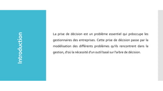 Introduction
La prise de décision est un problème essentiel qui préoccupe les
gestionnaires des entreprises. Cette prise de décision passe par la
modélisation des différents problèmes qu'ils rencontrent dans la
gestion, d'où la nécessité d'un outil basé sur l'arbre de décision.
 