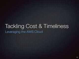 Tackling Cost & Timeliness
Leveraging the AWS Cloud
30
 