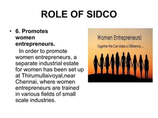 ROLE OF SIDCO
• 6. Promotes
women
entrepreneurs.
In order to promote
women entrepreneurs, a
separate industrial estate
for women has been set up
at Thirumullaivoyal,near
Chennai, where women
entrepreneurs are trained
in various fields of small
scale industries.
 