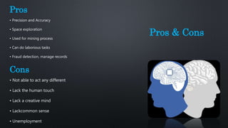 Pros
• Precision and Accuracy
• Space exploration
• Used for mining process
• Can do laborious tasks
• Fraud detection, manage records
Cons
• Not able to act any different
• Lack the human touch
• Lack a creative mind
• Lackcommon sense
• Unemployment
Pros & Cons
 