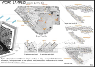 IN10
1 Bedroom Apartment
Ground Floor Plan
My task in this project was to assist the senior designer in modifying the design. I was responsible for the design of 1
bedroom and 2 bedroom apartments, the hotel lobby and aminity spaces. Finally i was given the task of preparing
presentation drawings for the entire project.
2 Bedroom Apartment
First Floor Plan
Typical Floor Plan 2-4
Typical Floor Plan 5-10
WORK SAMPLES SIDDANTH SATYAPAL RAO
 